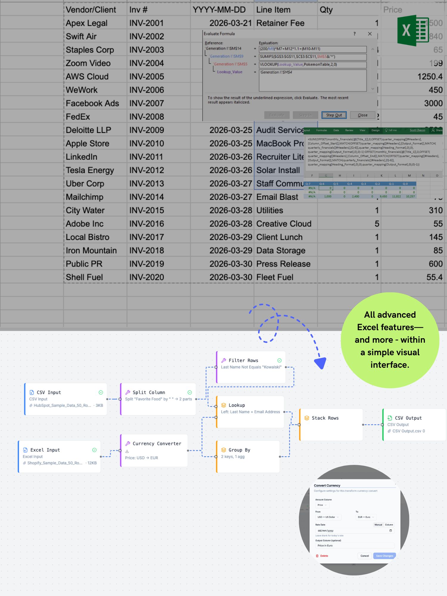 FileBender compared to Excel and AI — visual flow vs raw formulas