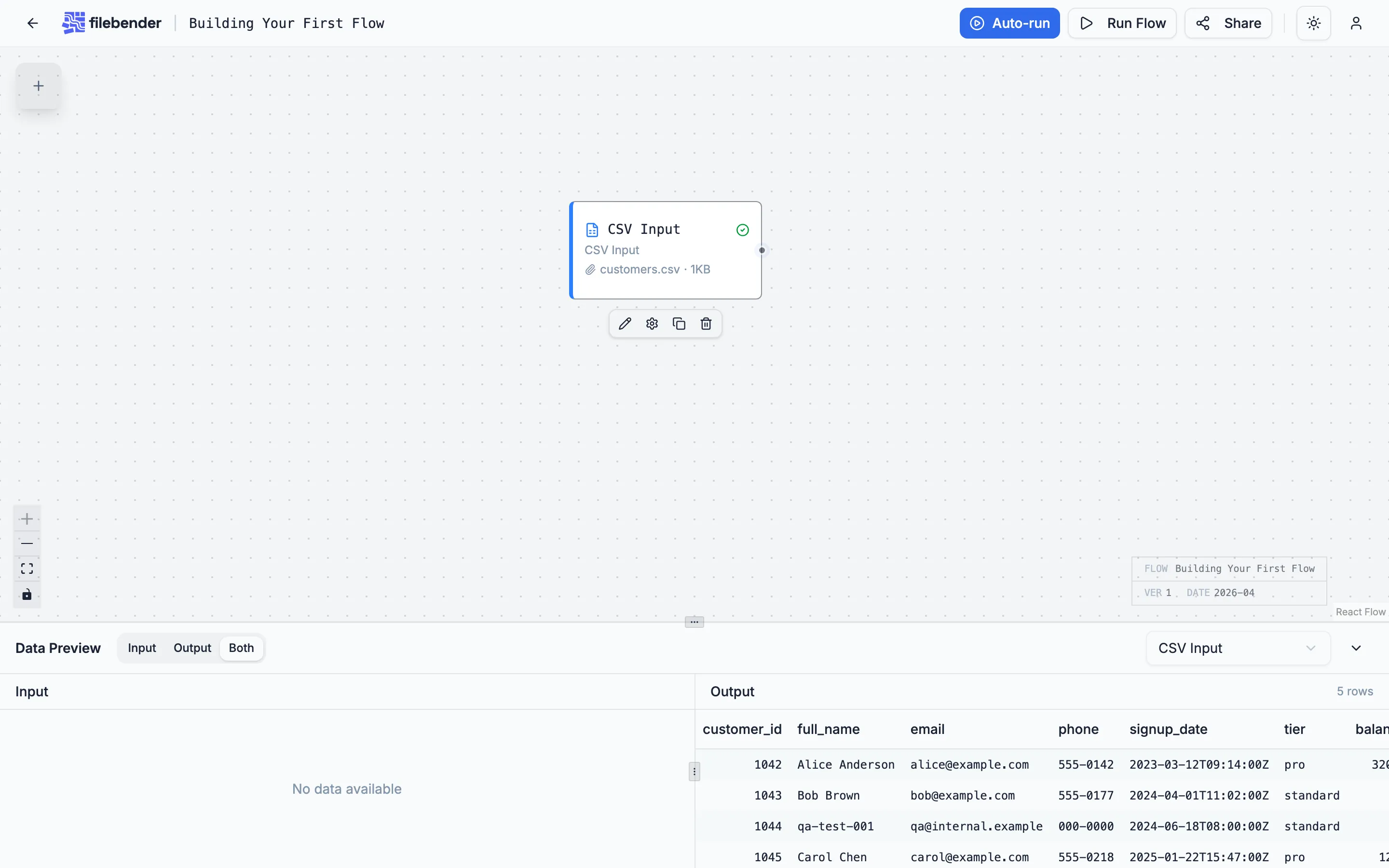 A CSV Input node with the customer file dropped on it, showing all nine columns in the preview.