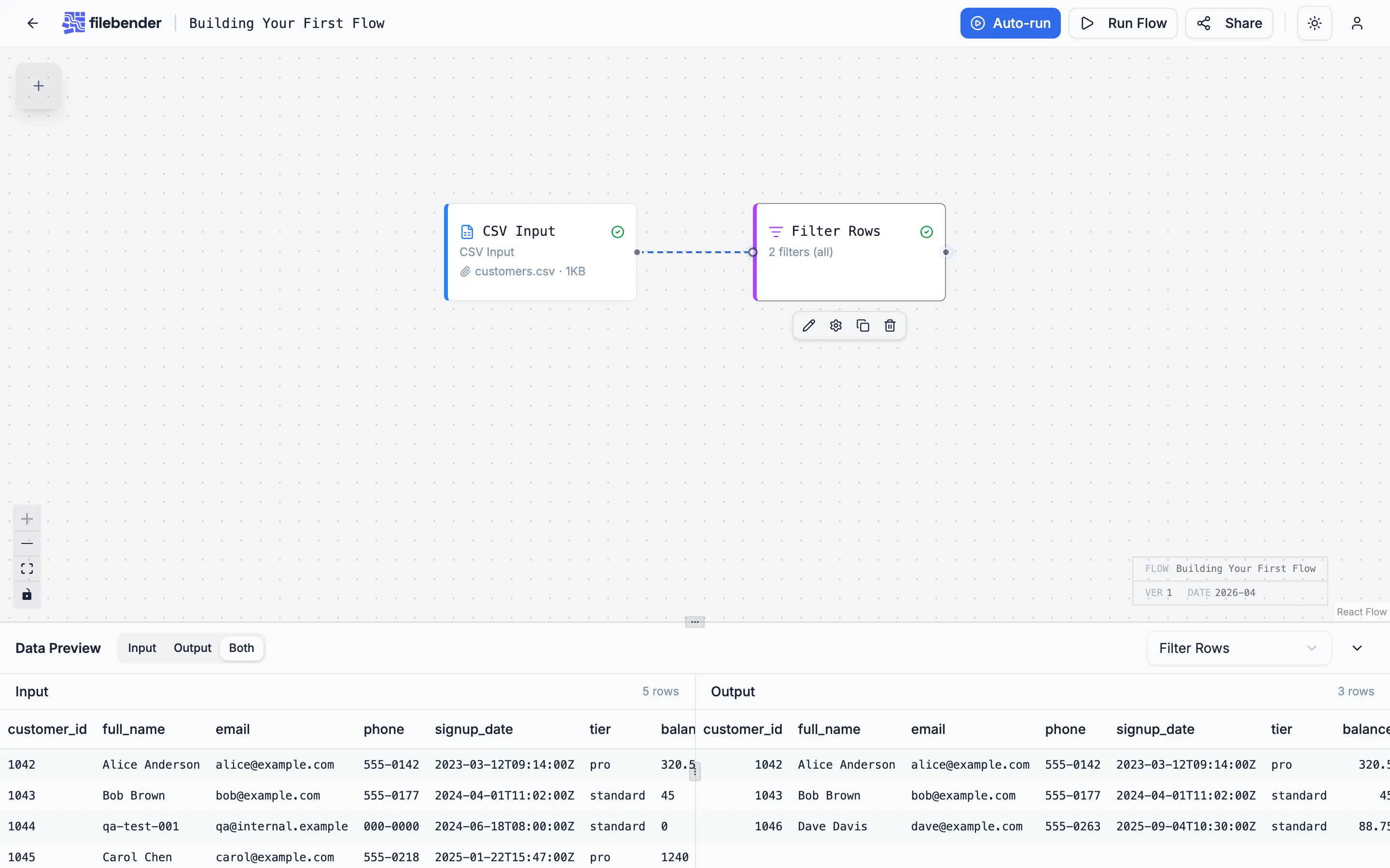 Filter Rows node on the canvas, preview panel showing three filtered rows.