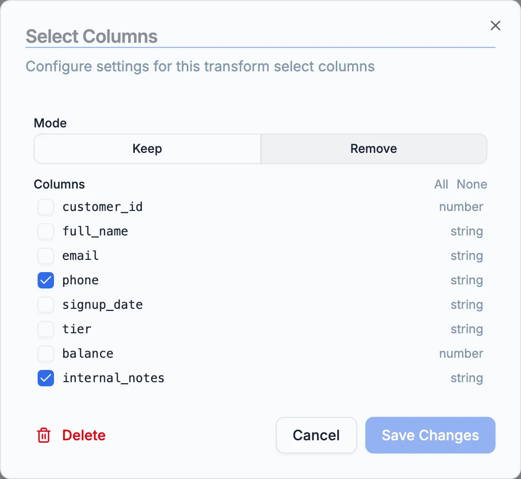 Select Columns configuration dialog in Remove mode with phone, internal_notes, and status listed.