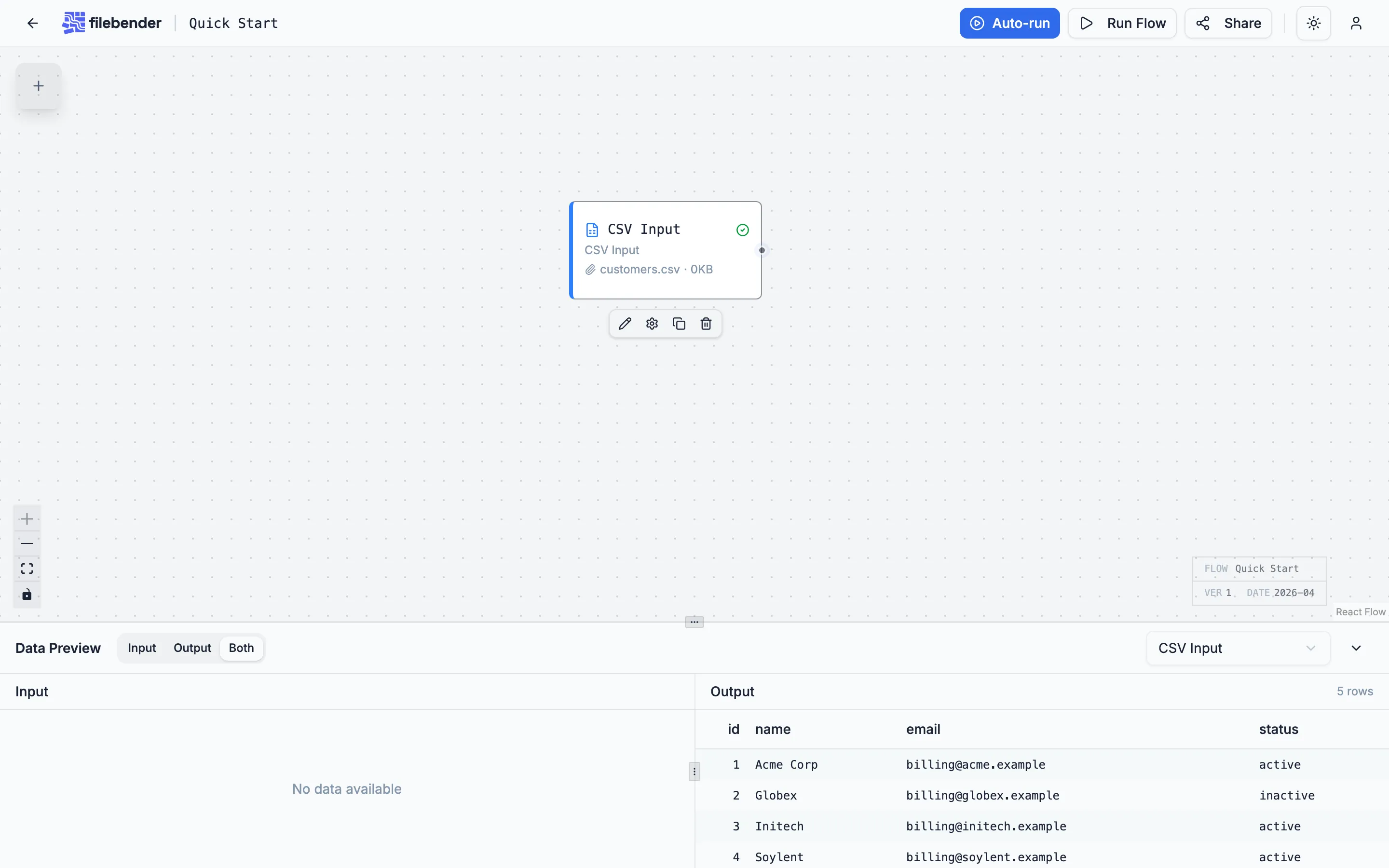 A CSV file dropped onto the CSV Input node, with a parsed preview visible.