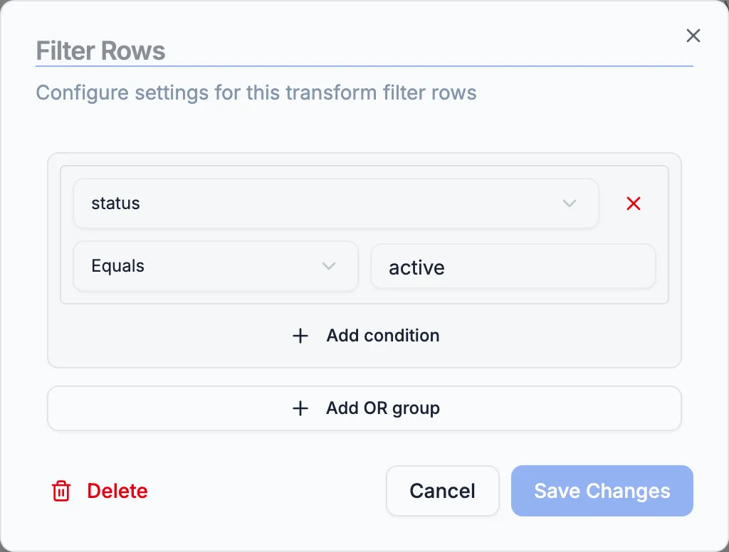 Filter Rows configuration dialog with a condition set to status equals active.