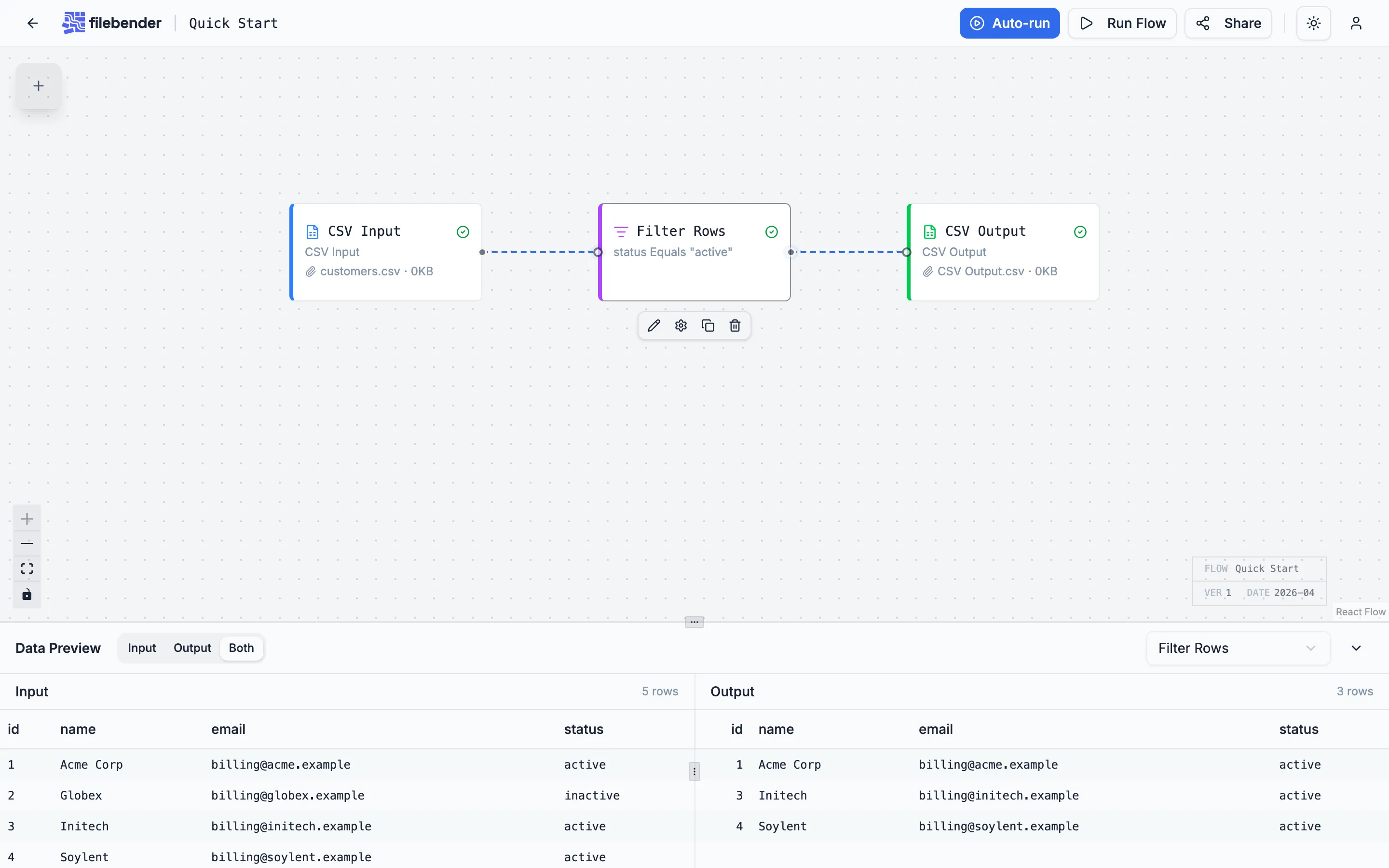 Filter Rows node connected to CSV Input, showing filtered results in the preview panel.
